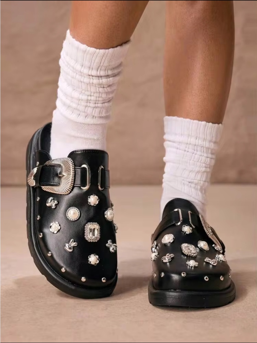 ROMWE Dark POP Clogs Y2K Rhinestone Bling Slip on Platform Mules Shoes Black